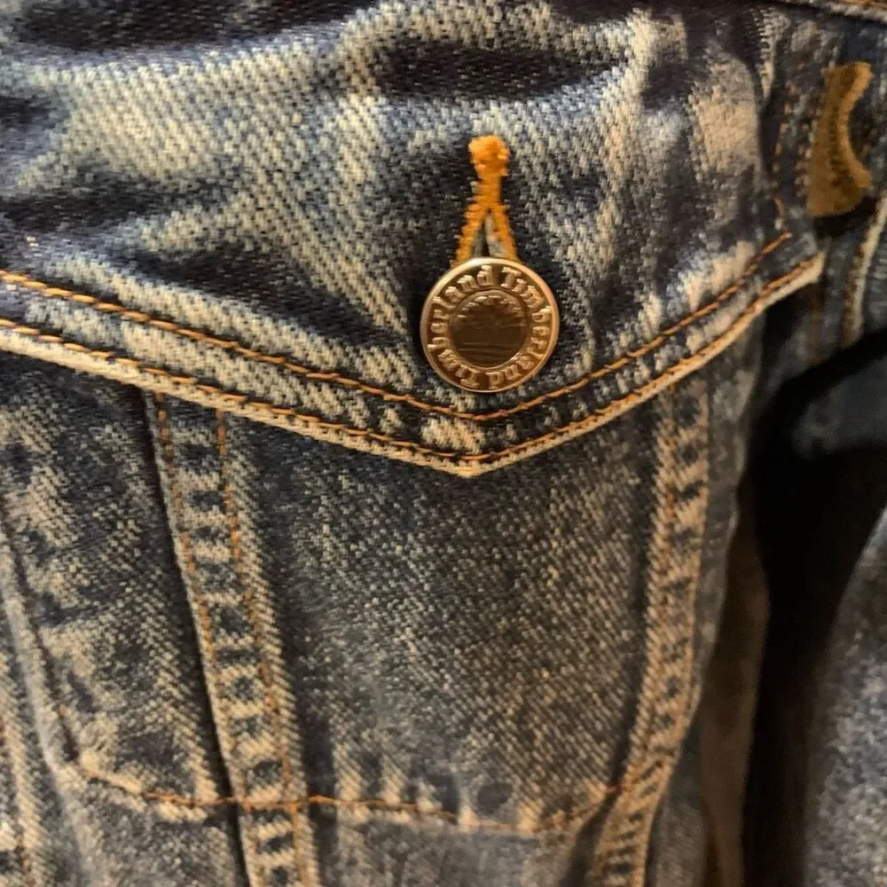 Timberland VTG 90s Jean Jacket Leather Trim Mid Wash Blue Western Trucker Men XS